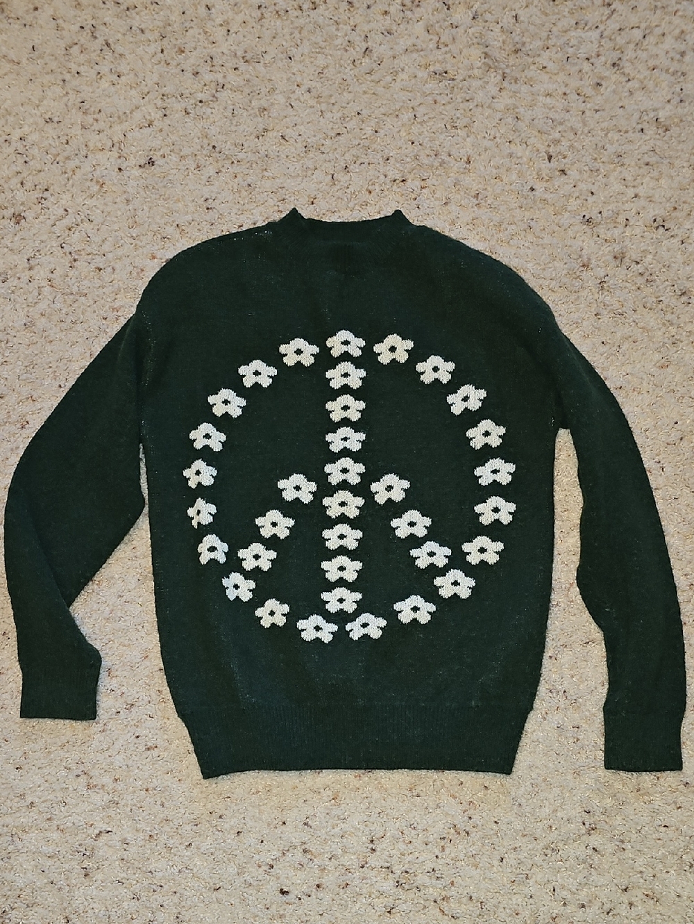 Witty Fox Women's Dark Green Peace Sign Sweater with White Flowers